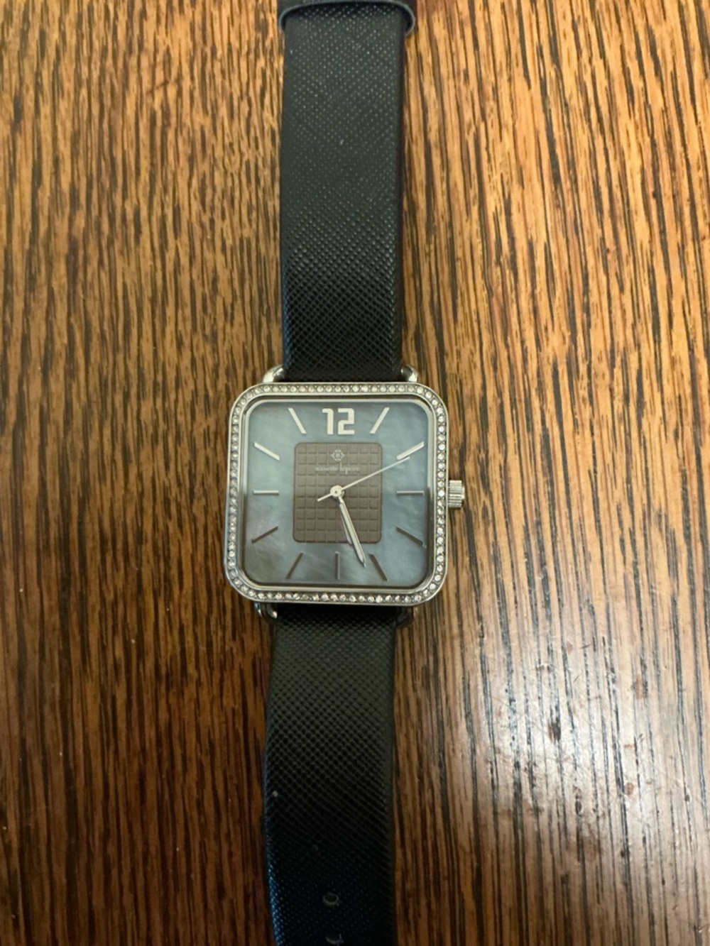 Nanette Lepore Square Crystal-Trim Black Strap Watch